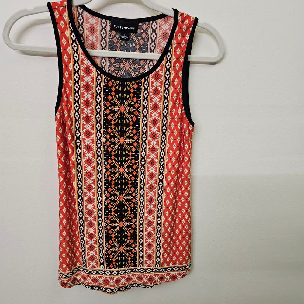 Fortune + Ivy Boho Tribal Tank Top Orange Brown Geometric Print Sleeveless SZ S